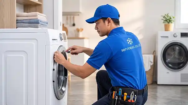 Teknisi profesional jasa service mesin cuci front loading panggilan perbaikan modul dan tabung serviceac.co.id